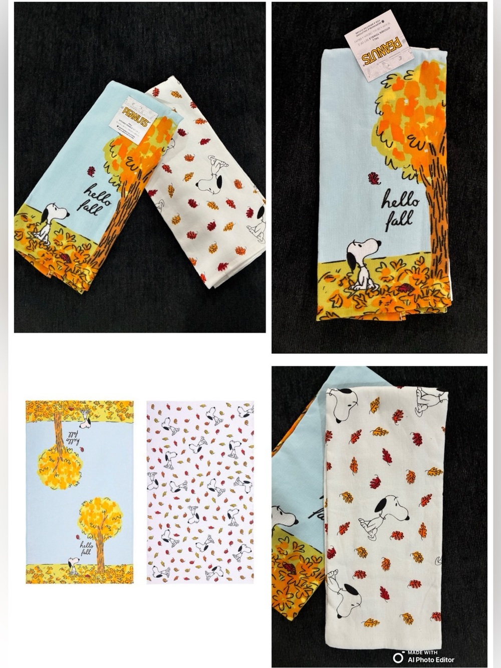 NWT- Set of 2- Double Sided- Peanuts- Hello Fall- Snoopy Kitchen Towels 26x15